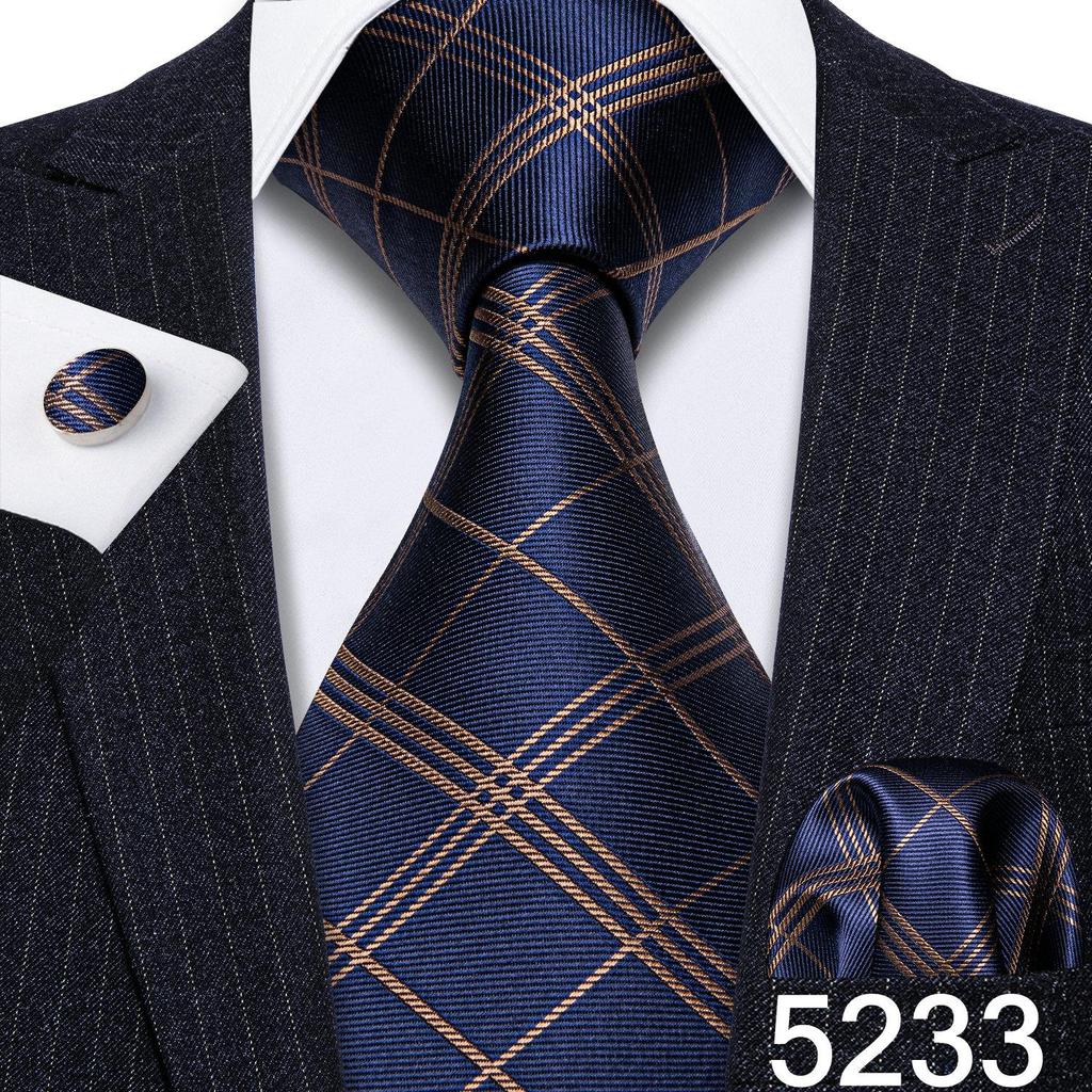 Barry.Wang Mens Striped Silk Tie Handkerchief Cufflinks Formal Necktie Set Designer