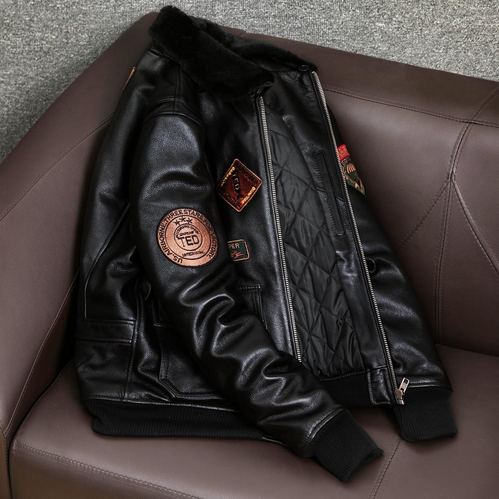 Mens Leather Bomber Jacket Genuine Cowhide Pilot Flight Jacket Cotton Lined Winter Coat