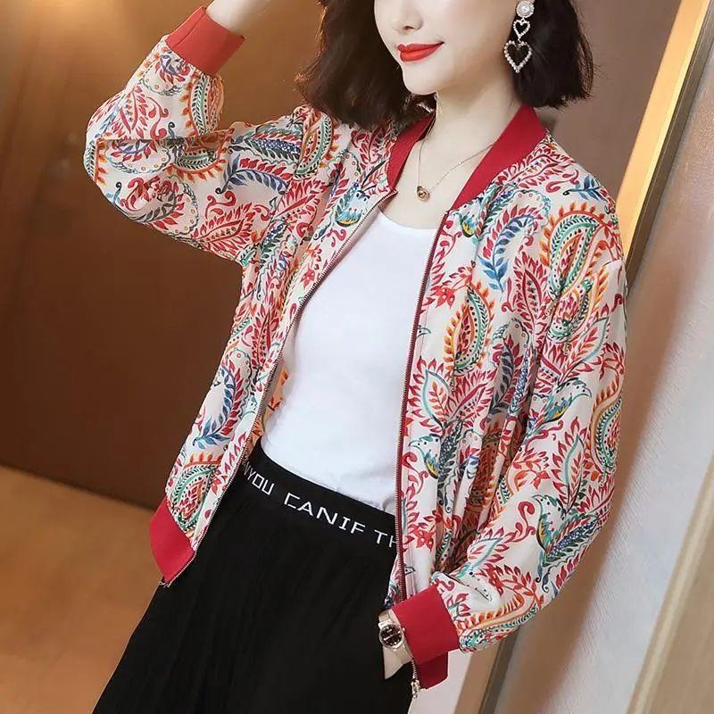 Summer Women Chiffon Jacket Thin Breathable Baseball Uniforms Long Sleeve Printed Jacket Loose Short Plus Size Sunscreen
