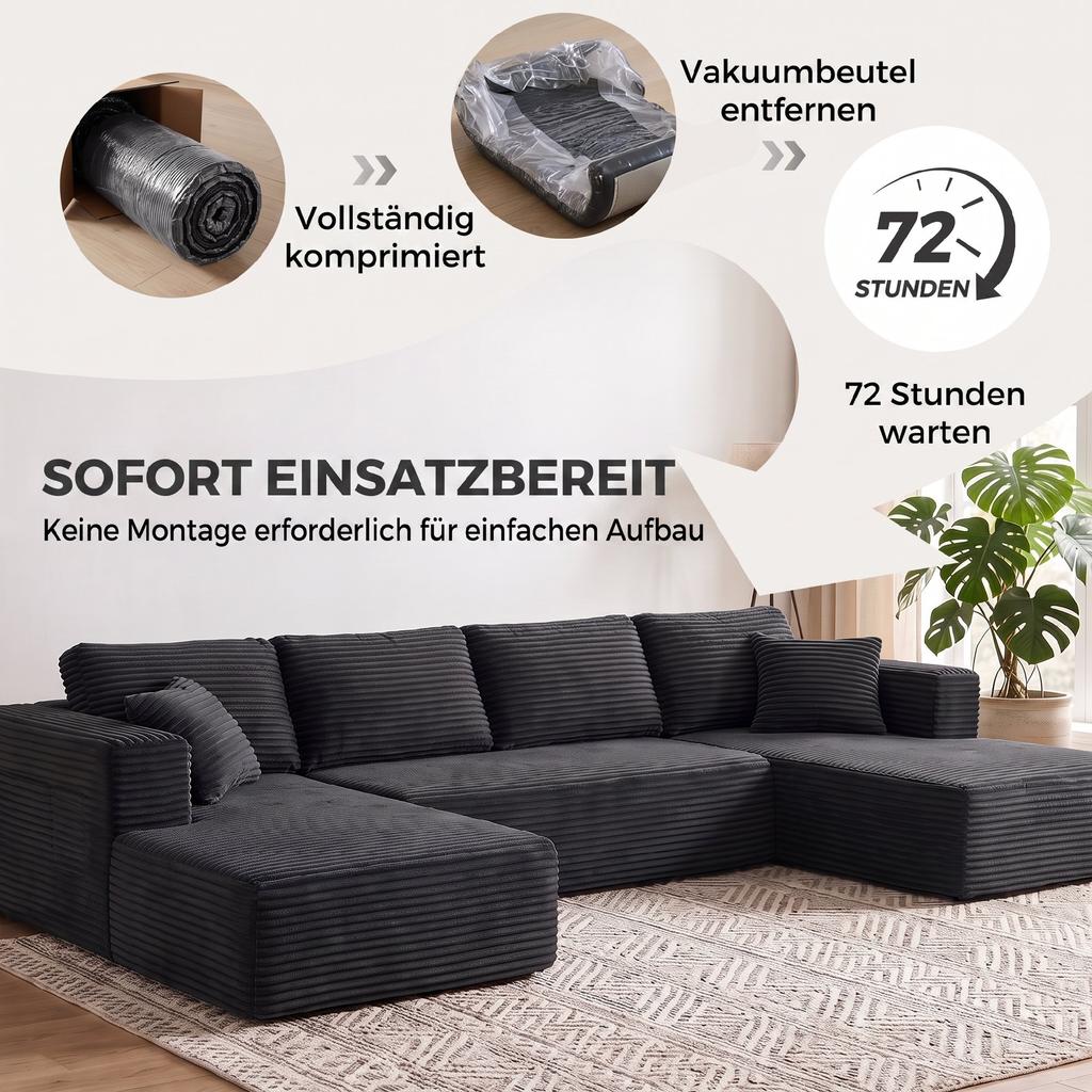 Modular U-Shaped Sofa with 2 Chaise Longues, Corduroy Sofa Bed with High-Density Foam and Spring Cushioning, Dark Grey