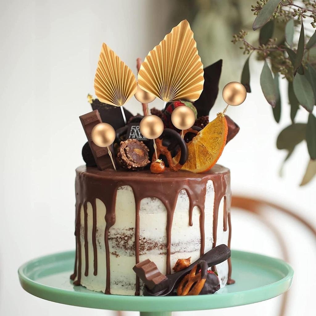 28 Pcs Gold Balls Cake Toppers Gold Palm Leaves Cake Decorations Insert Decorations for Birthday Baby Shower Wedding Party Decor