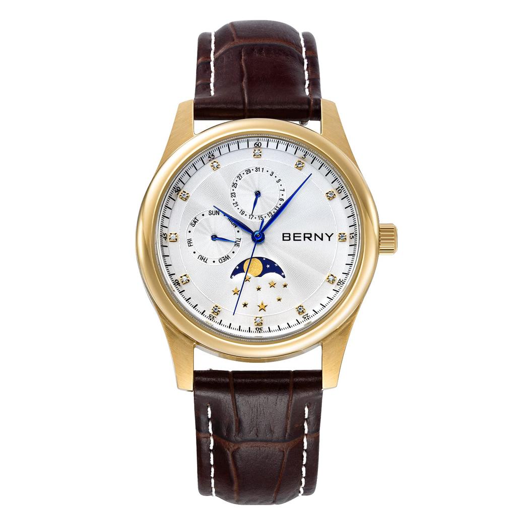 BERNY Men's Multifunction Quartz Watch with Calendar and Moon Phase, Stainless Steel Case and Leather Band, Black.