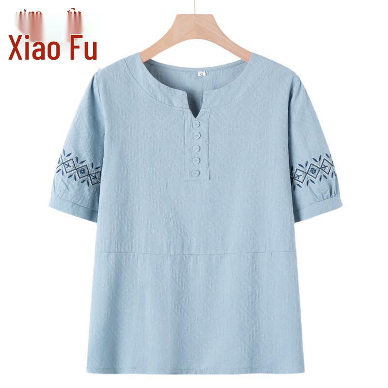 Xiaofu Plus Size Women's Ethnic V-Neck Short Sleeve Top