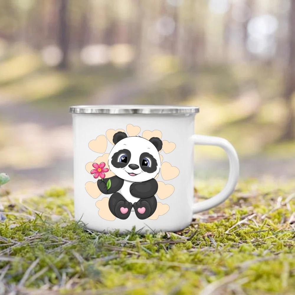 Flower Panda Printed Creative Enamel Water Cup Drink Dessert Breakfast Milk Cups Kid Mugs Handle Mug Birthday Gifts for Childen