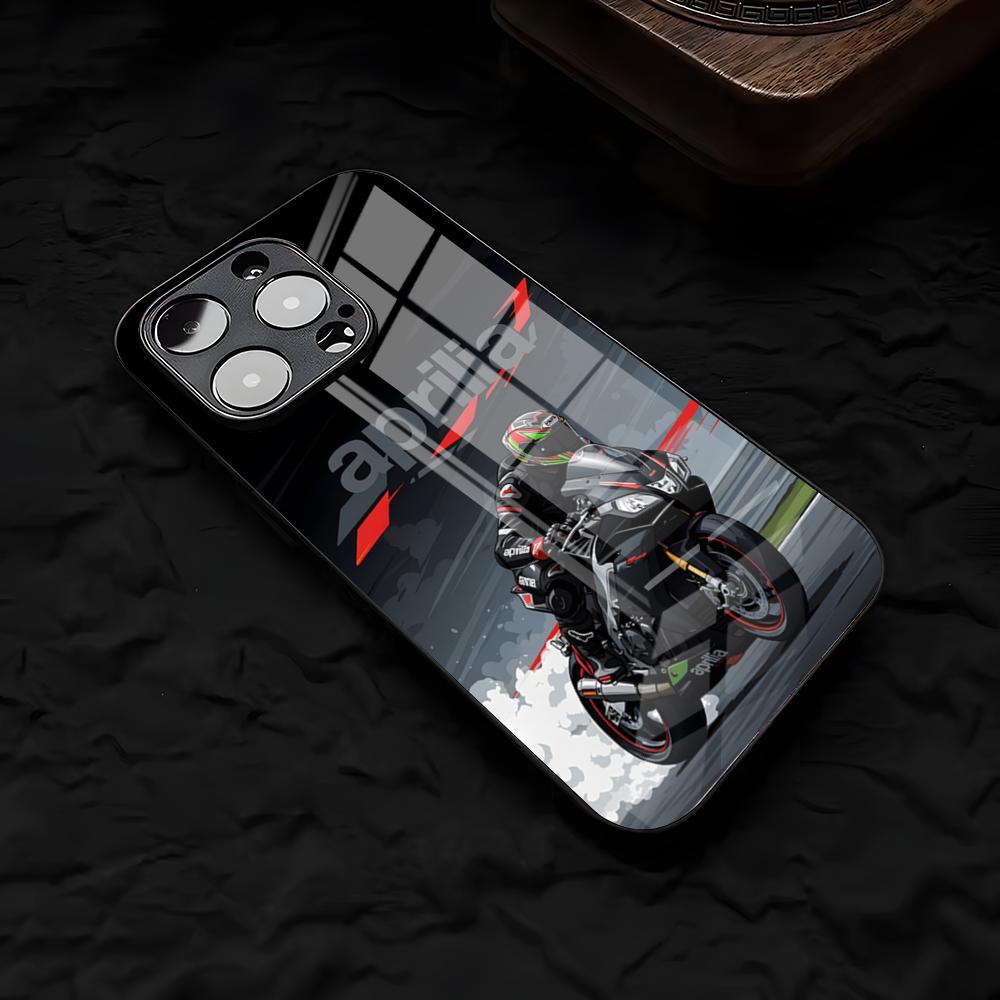 Coole A-Aprilias Racing Handyhülle für iPhone 17 Air 16 E Pro Max 15 14 13 Mini 12 Pro 11 Max Plus Schwarzes Glas Cover