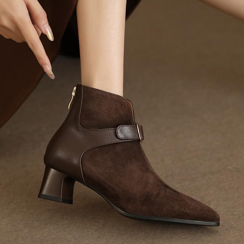 2024 Autumn/Winter New Combination Mid Heel Thick Heel High Heel Pointed Boots Women's Brown Short Boots Women's