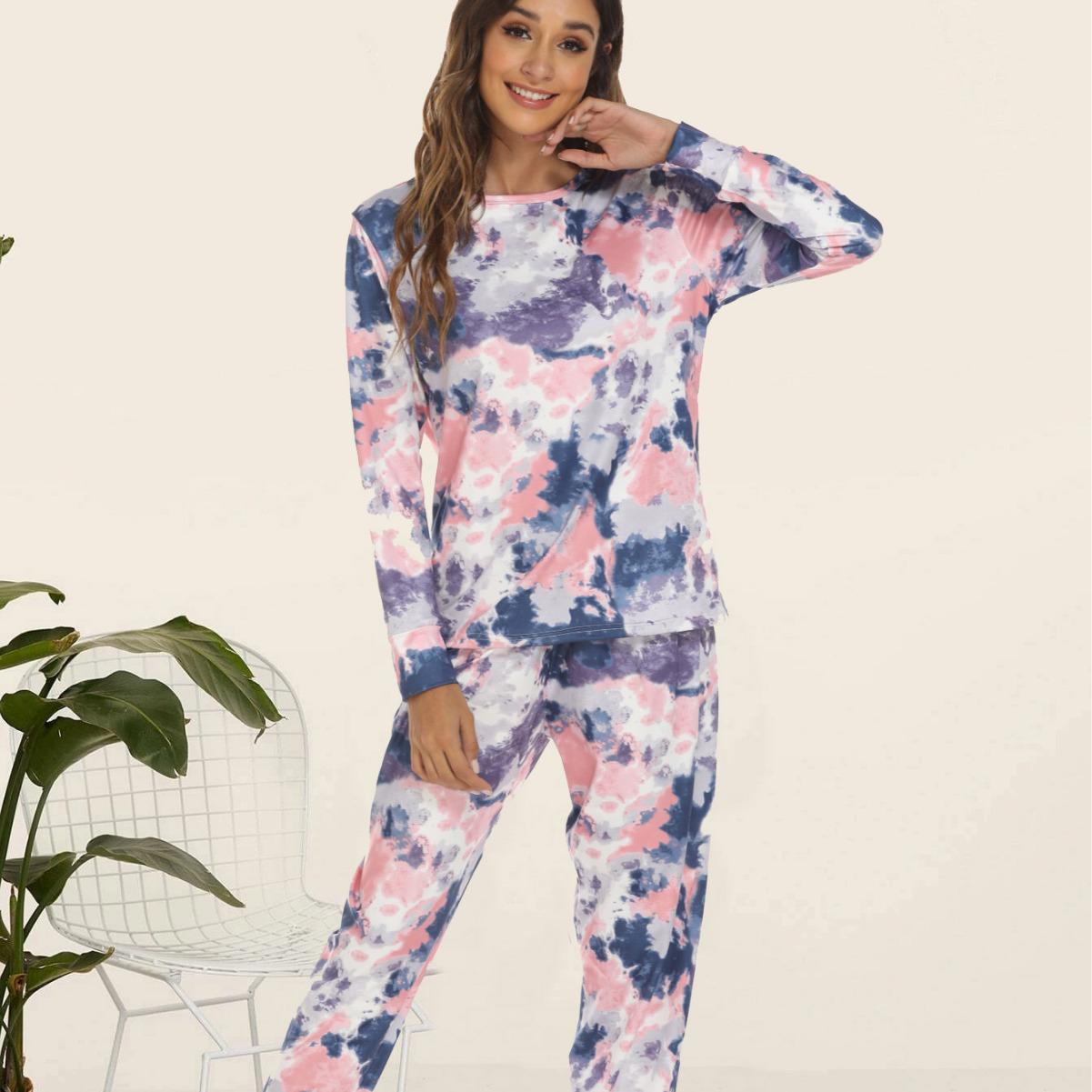 

Женская домашняя одежда в европейском и американском стиле весна-осень, комплект из 2 предметов, длинные рукава, длинные брюки, модная домашняя одежда с узором тай-дай XL