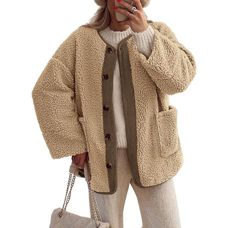 Women's Fleece Long Sleeve Button Front Plush Coat with Contrast Binding Multi Color Outerwear