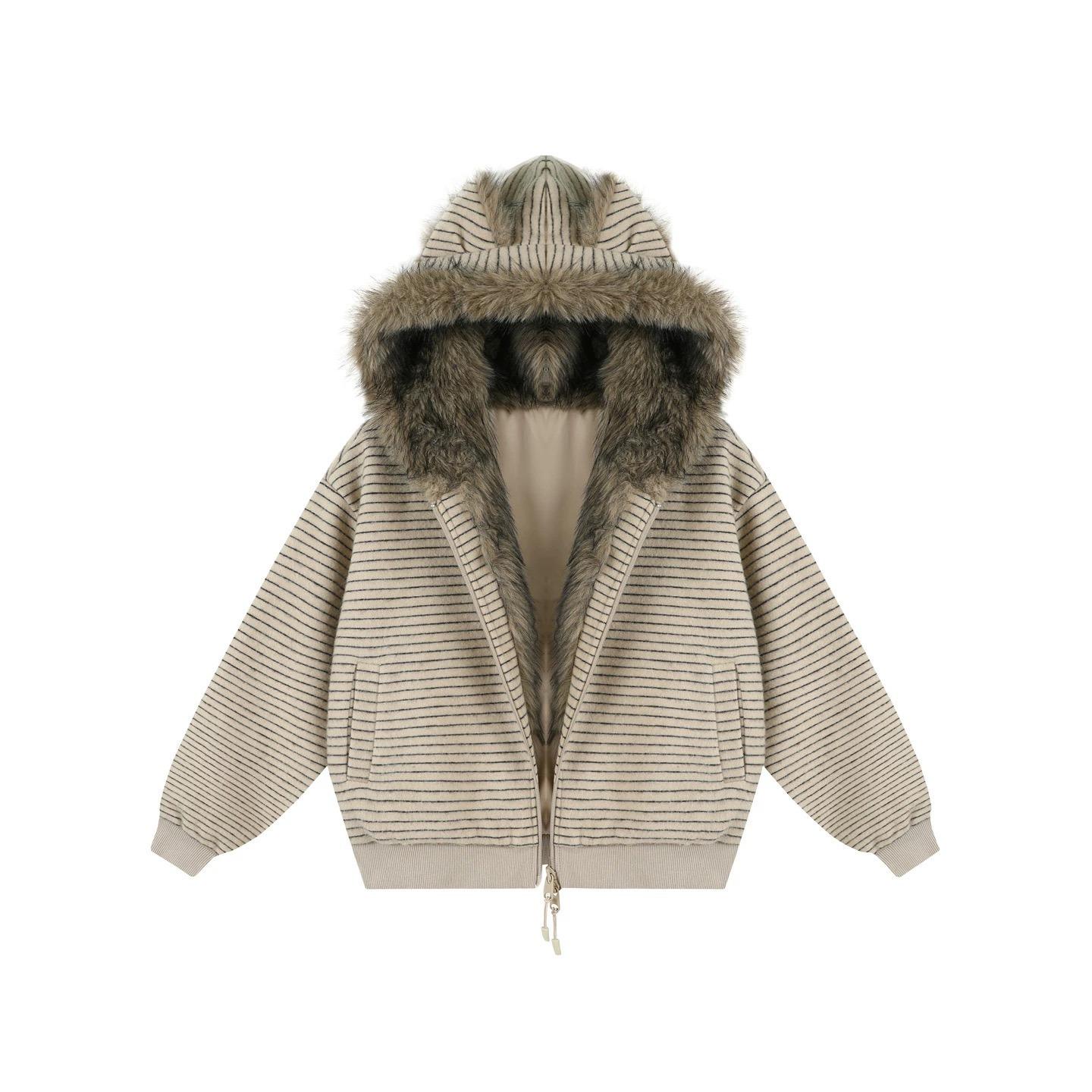 Women s American Retro Striped Hooded Cardigan with Fur Collar - Autumn/Winter Cotton Velvet Jacket M