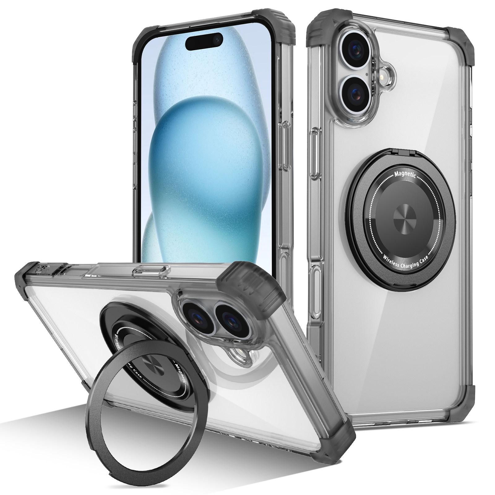 For iPhone 16 Case PC+TPU Phone Cover Rotating Magnetic Ring Holder Kickstand A