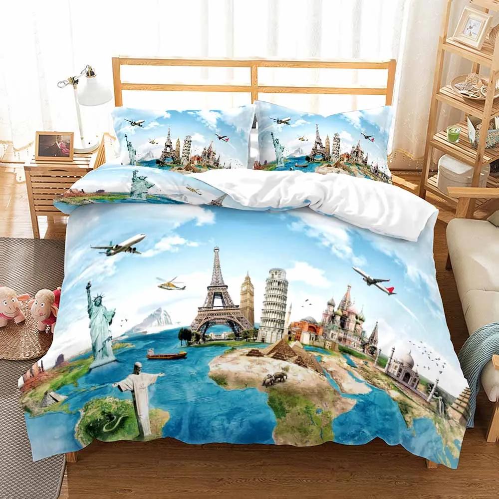 Modern Style Bed Cover Sets 2/3pcs Print Travel Scenery King Size Bedding Set Quilt Cover With Pillowcases Bed 100% High Quality