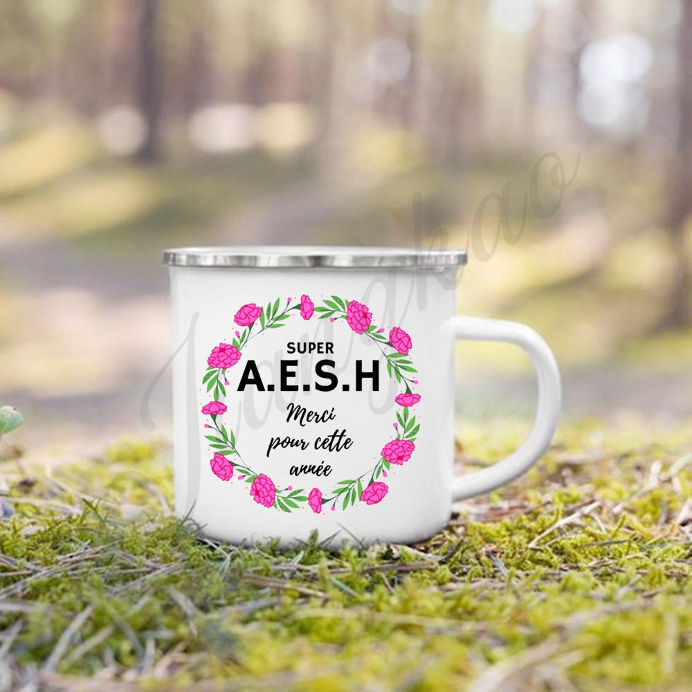 Merci Aesh French Printed Mug Creative Coffee Cups Drinks Enamel Cup Outdoor Camping Handle Drinkware Thanks Gifts for Teacher