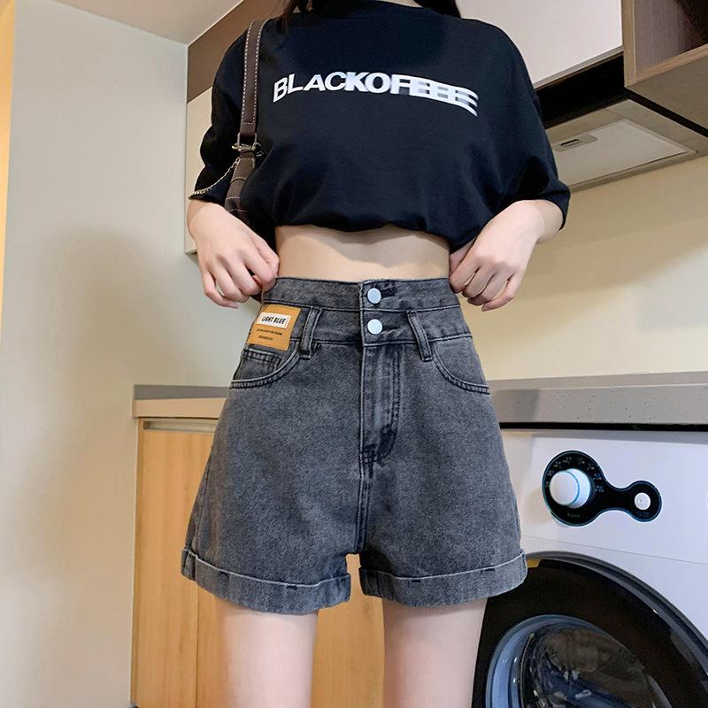 Women's High Waist A-Line Denim Shorts Loose Fit Casual Cuffed Hem Hot Pants