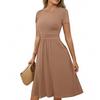 Women's Casual Fashion Round Neck Pleated Short Sleeve Solid Color A-Line Midi Dress