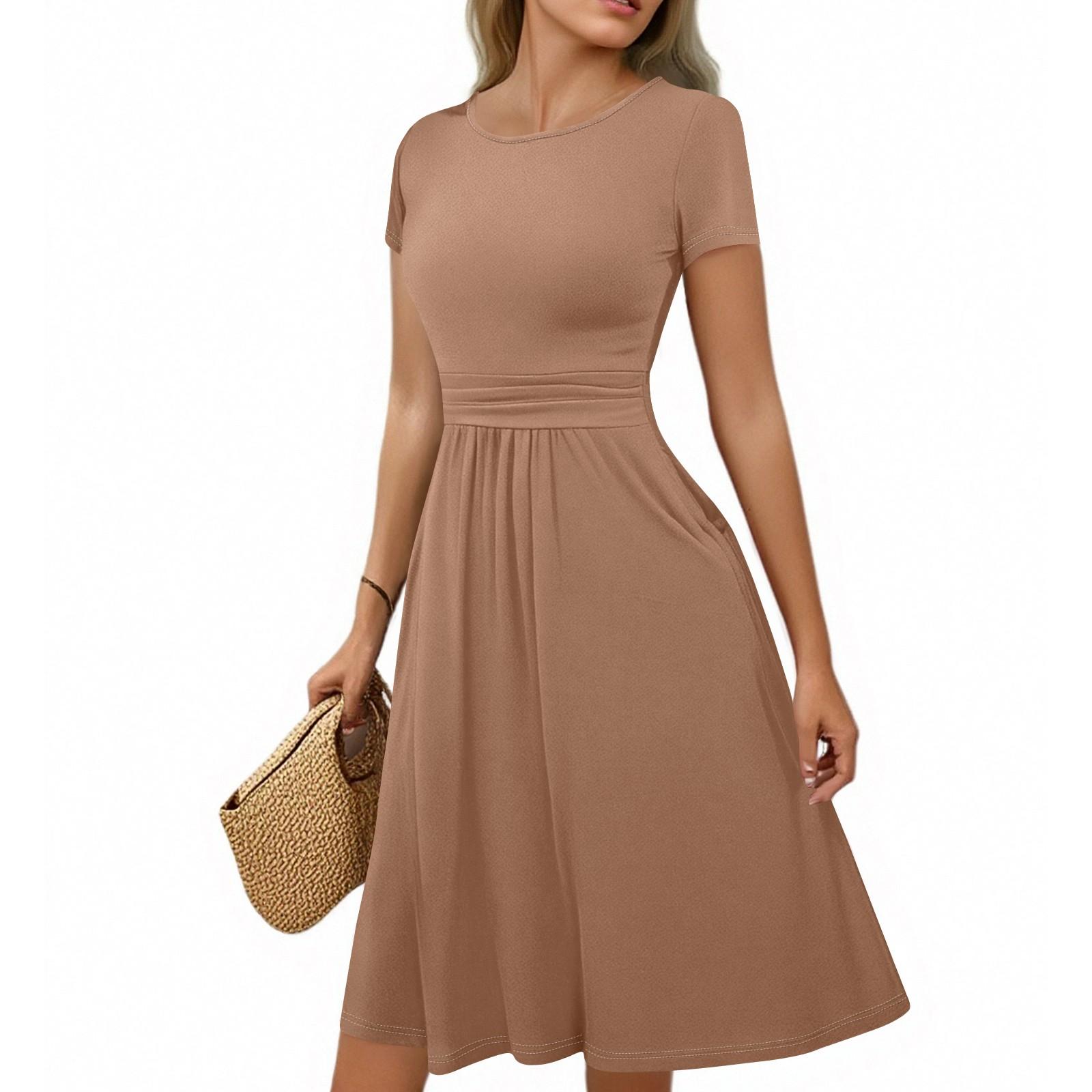 

Женское повседневное модное платье миди А-силуэта с круглым вырезом, плиссированными короткими рукавами и однотонной расцветкой XL верблюд