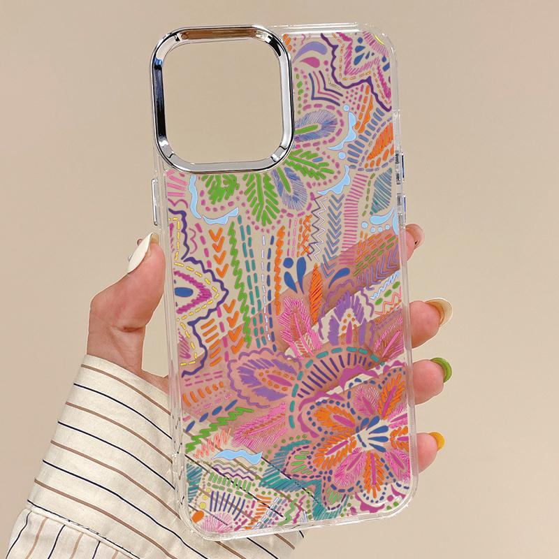 Pink Cartoon Floral Case For iPhone 17 Pro Max iPhone 16 15 14 13 Pro Max 11 17e 16e Plating Lens Frame Clear Soft Silicone Back Cover