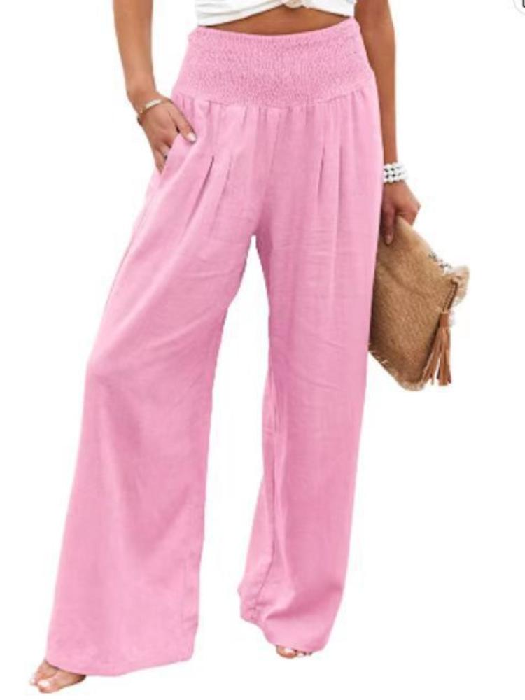 High Waisted Wide Leg Pants with Elastic Waistband, Light Beige Loose Fit Trousers for Women