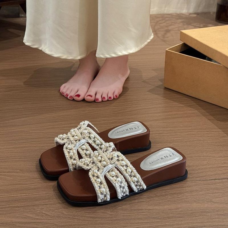 Pearl Women's Shoes Summer New Outer Wear with Skirt Cool Slippers Lazy Casual One-word Drag