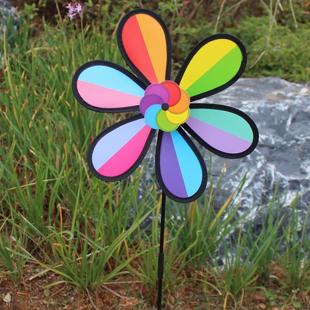 

Rotating Rainbow Windmill Black Frame Design for Camping Garden Decoration Kid Toy Back Yard Decoration Outdoor Garden Ornaments