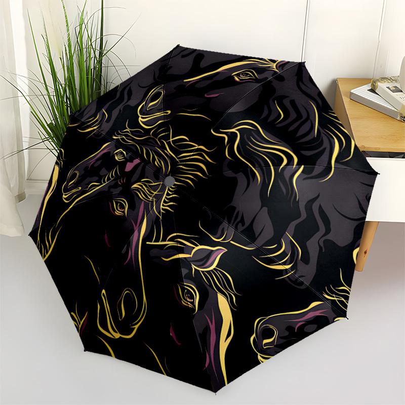 1pc Horse Pattern Automatic Open/Close Umbrella, Windproof, Folding Compact Umbrella with Lightweight Design for Women/Men045