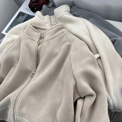 Damen Locker geschnittene Doppel-Fleece Warme Stehkragenjacke für Herbst/Winter Einfarbig Schlichtes Sweatshirt mit Reißverschluss