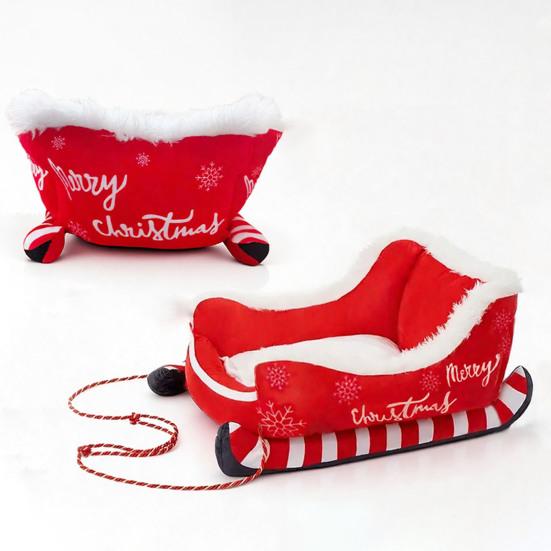 Weihnachtsschlitten Haustierbett Lustiges Flauschiges Weihnachtsmannschlitten Hundebett Abnehmbares Plüsch-Haustiersofa-Bett mit Rutschfester Unterseite für Katzen Hunde Feiertagsdeko