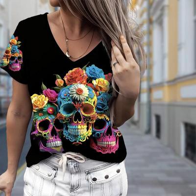 Fashion Skull Printing Blouses Short Sleeve V-Neck T Shirts Casual