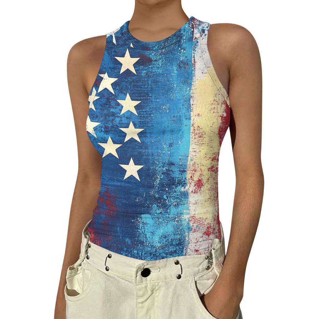 Women's Fashion Round Neck Independence Day Print Sleeveless Vest Top