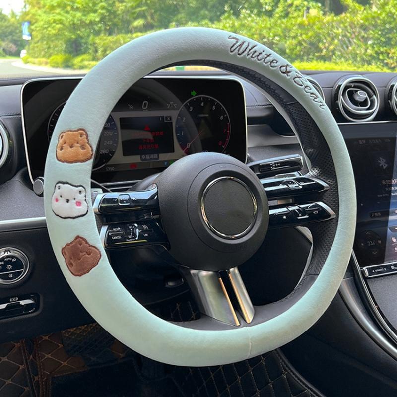 

38cm D-shape Cartoon Bear Car Steering Wheel Cover Short Plush Warm Steering Wheel Sleeve Green
