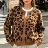 Women's Leopard Print V-Neck Knit Cardigan Soft Sweater