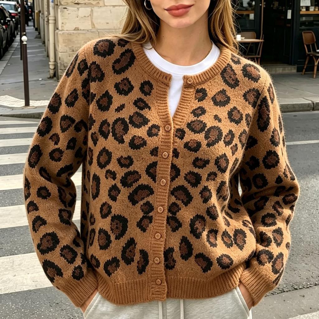 Women's Leopard Print V-Neck Knit Cardigan Soft Sweater