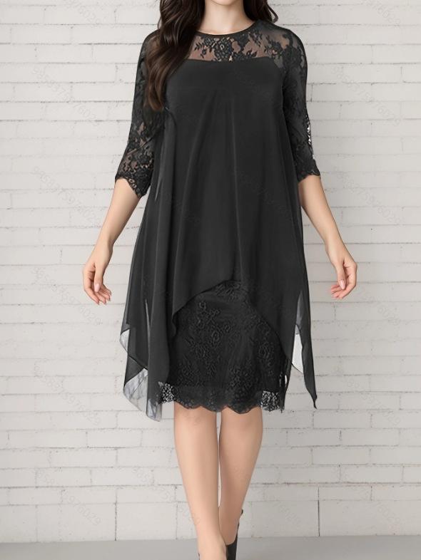 Spring/Summer 2026 Elegant Lace Patchwork Chiffon Dress with Three-Quarter Sleeves