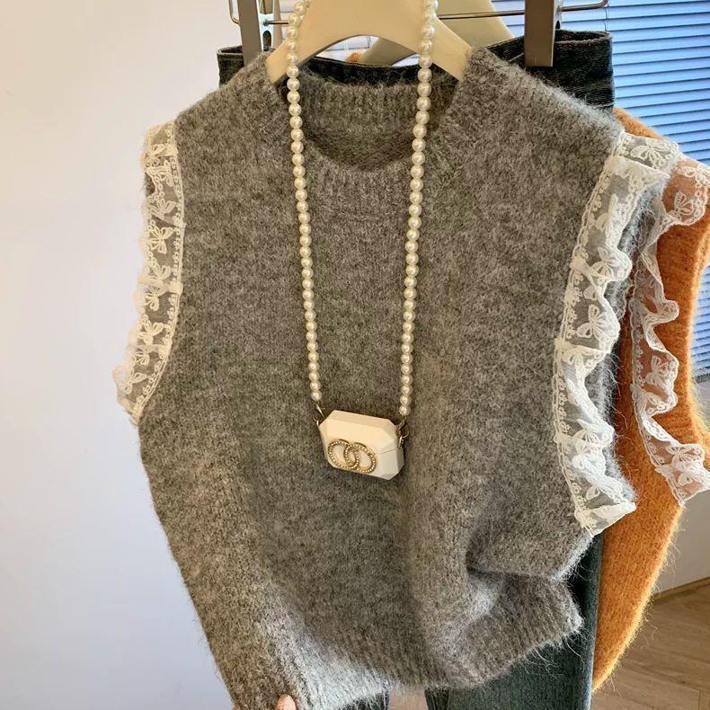 

Женский ретро вязаный жилет с кружевом в корейском стиле, ленивый, панельный, с круглым вырезом, свободный, без рукавов, топ-свитер для осени и зимы 2XL серый