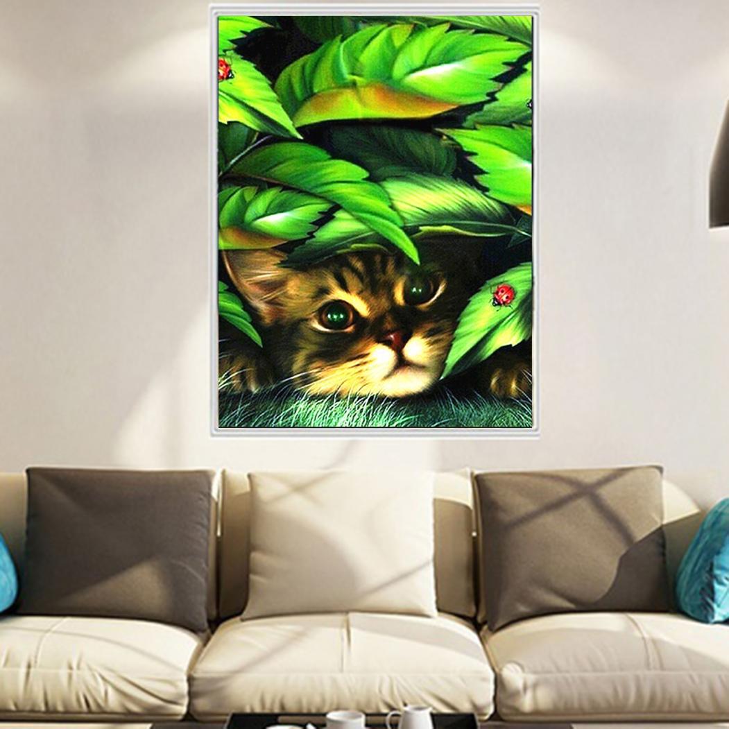 

DIY 5d Алмазная картина Кошки под зелеными листьями Полный квадрат Алмазная вышивка Алмазный домашний декор 20*30 cm