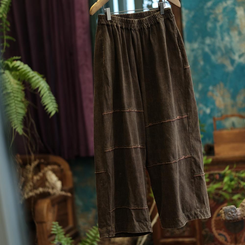 

Johnature Женские винтажные широкие брюки с эластичной талией Свободные осенние мягкие брюки в китайском стиле Женские брюки One Size кофейный