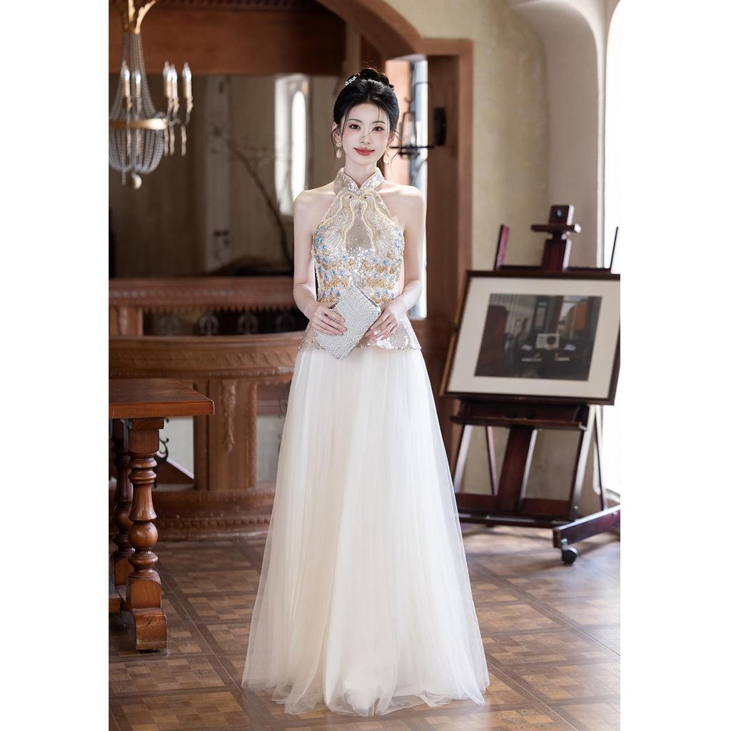 Champagne Engagement Evening Dress Dress Women 1011 New Neck Bridal Toast Dress Banquet High-end Light Luxury Host