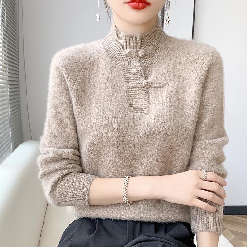 Women's Slimming Wool Sweater - Chinese Style Button-Up, Half-High Collar, Long Sleeve Pullover for Autumn/Winter