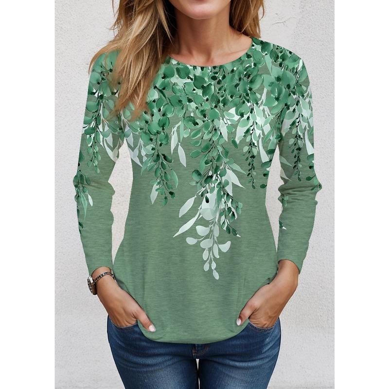 2025 Women's T shirt Tee Floral Print Long Sleeve Basic Sweatshirt Fashion Round Neck Regular Fit Floral Painting