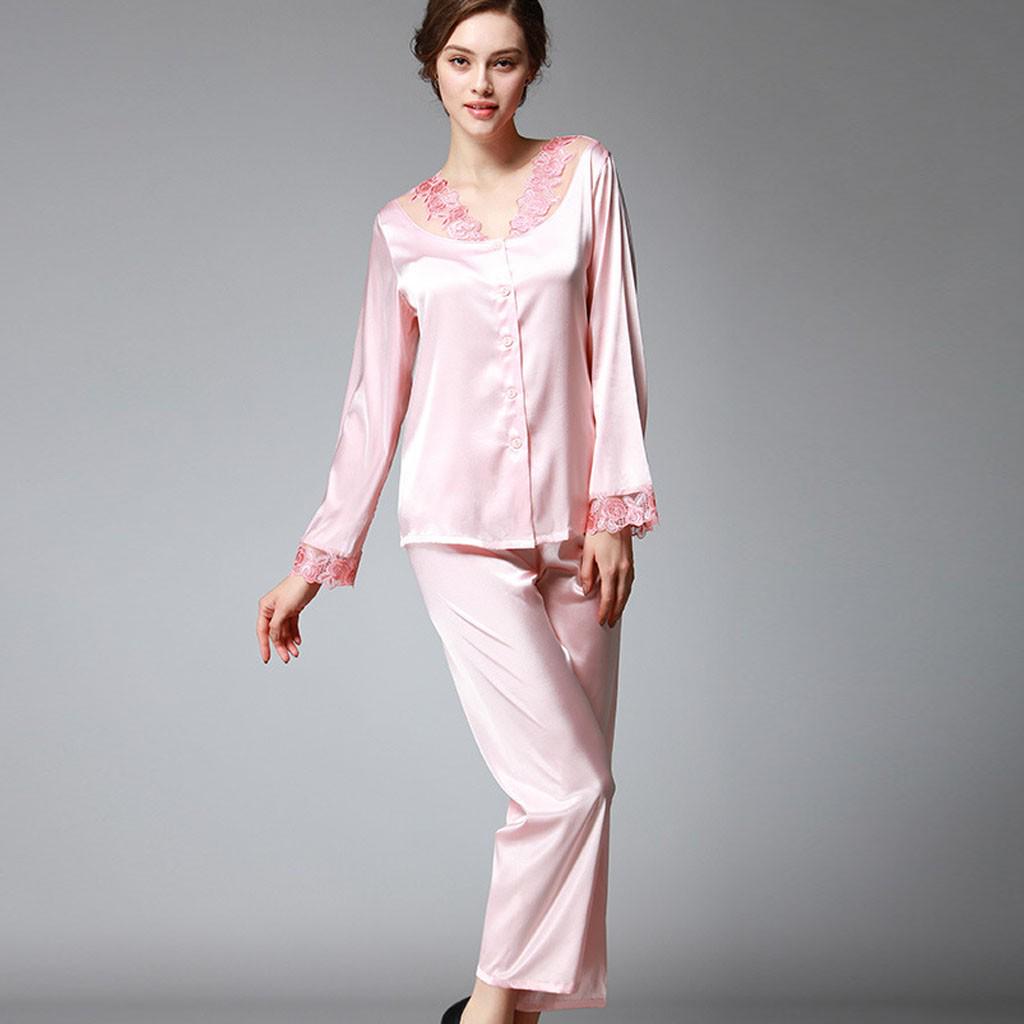 Fashion Silk Womens Solid Color Satin Button Down Lace Pajamas Set Sleepwear Fashion Silk Womens Solid Color Satin Button Down Lace Pajamas Set Sleepwear