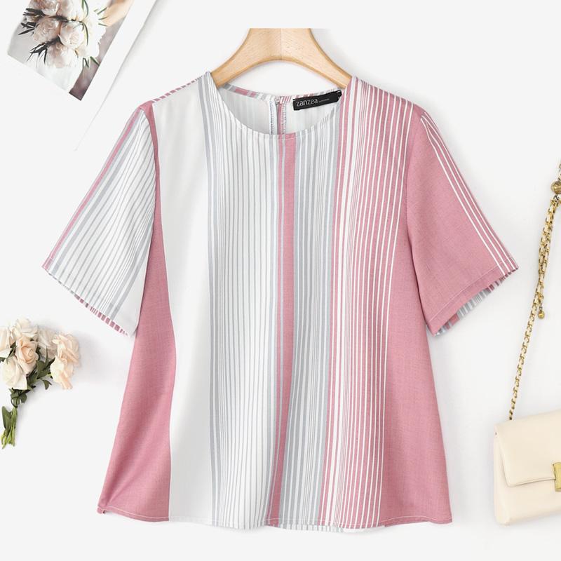 

ZANZEA Женская повседневная блузка с круглым вырезом, летняя, с коротким рукавом, в полоску S