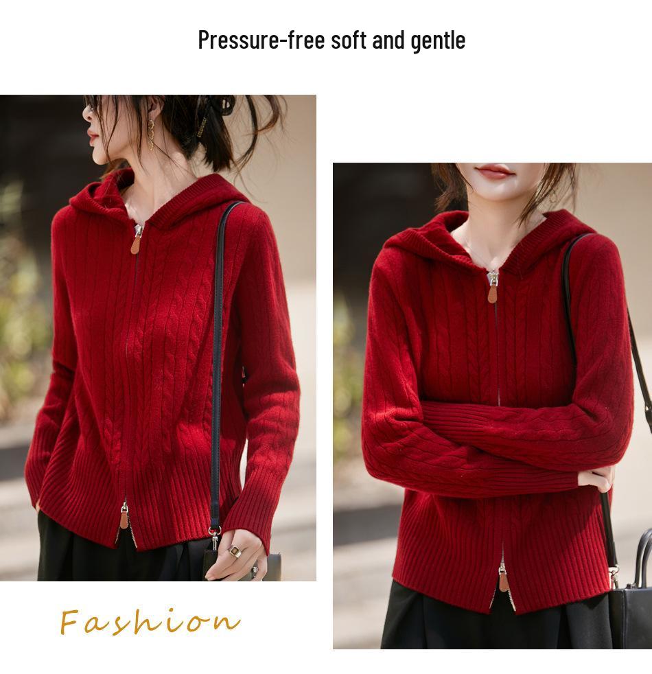 2025 Thickened Jacquard Knit Hooded Wool Cardigan: Women's Cable Knit Short Hoodie, Solid Color