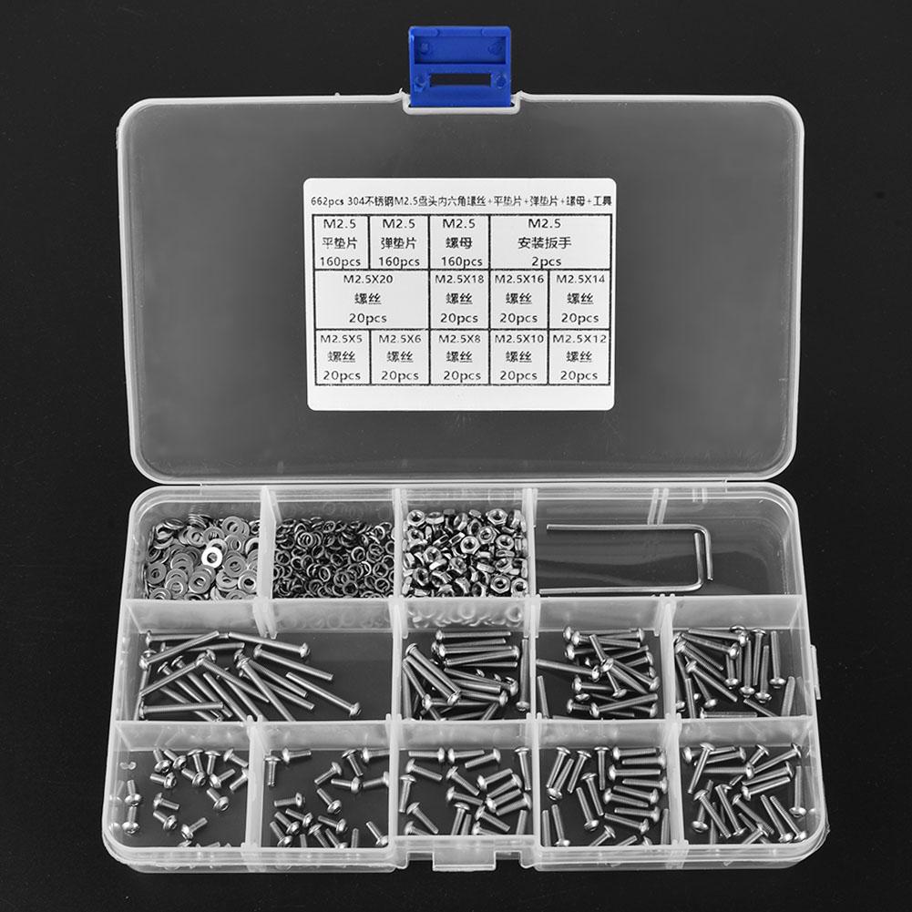 

662 шт. SUS304 M2.5 с цилиндрической головкой, шестигранной головкой, гайкой с плоской шайбой, пружинной прокладкой, комплект гаечных ключей