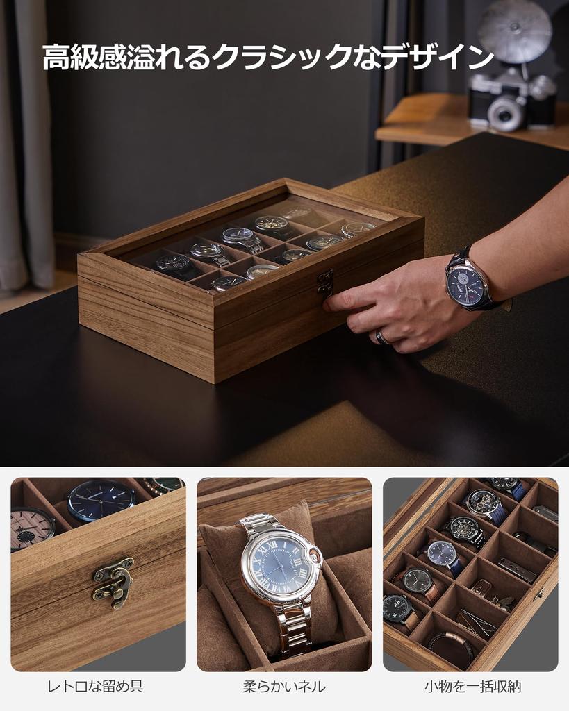 SONGMICS Watch 12 Kolekcja zegarków z drewna z przezroczystym akcesorium do zegarka Prezent na urodziny i dzień JOW120K01 Etui, części, przechowywanie, etui,