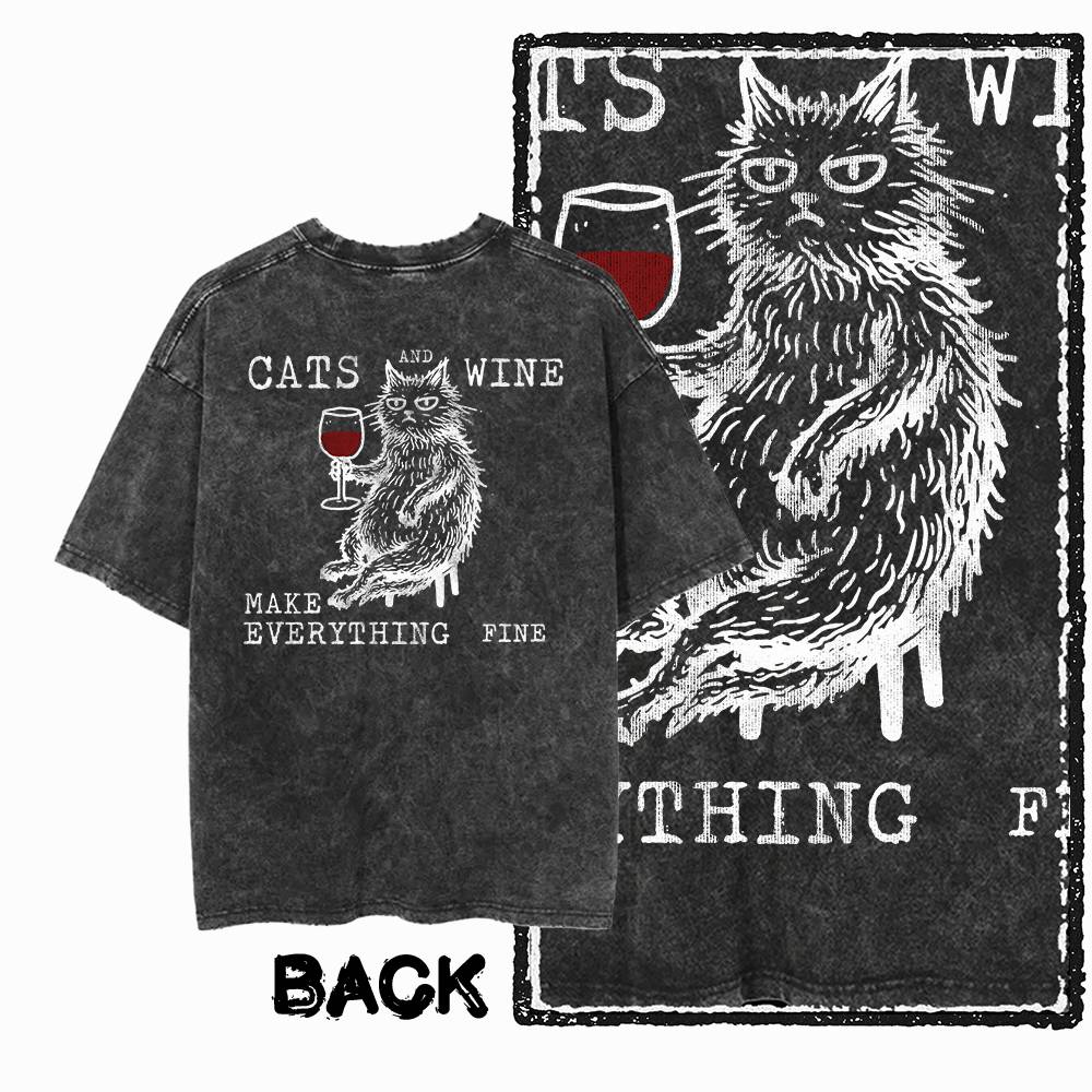 G55 Back Print Cotton Cool Cat Graphic Men T-shirt | Acid Washed Streetwear Big Size Vintage O-neck Men's Tee Tshirt