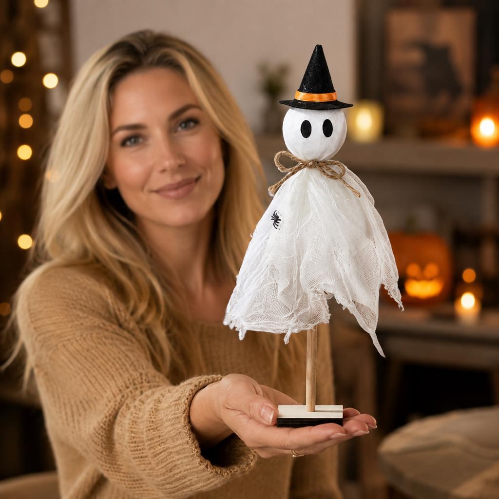 Halloween Wooden Decor Set - 3 Piece with Wooden Base for Holiday Home Decoration
