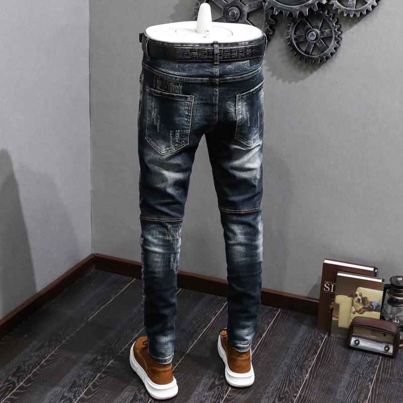 Men's Slim Fit Jeans - Vintage Washed Blue & Black with Embroidery, European & American Street Style
