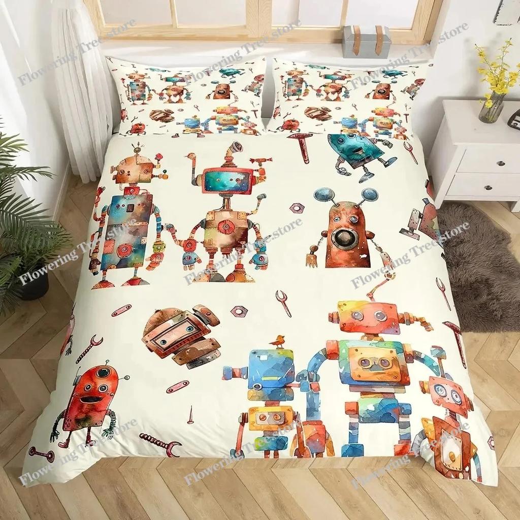 Boys Cartoon Robot Rocket Duvet Cover King Queen Size,Kids Spaceship Bedding Set Starry Galaxy Universe Planet Quilt Cover