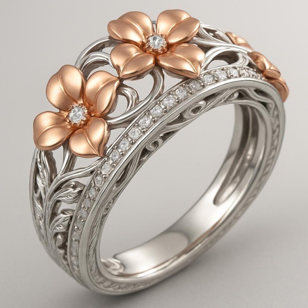 Luxury Two-tone Hollow Flower Synthetic Gemstone Ring Copper Material Women Jewelry Ring For Banquet