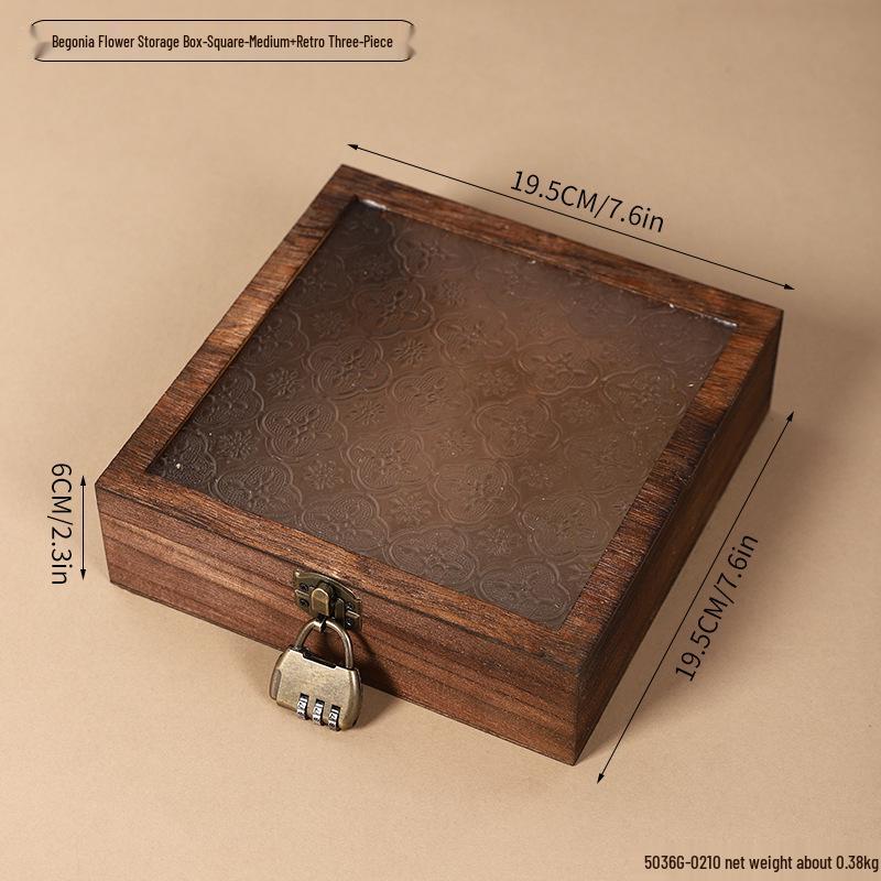 Retro Begonia Glass Lid Wooden Storage Box for Cosmetics, Snacks, Candy, and Documents - Dustproof and Multifunctional