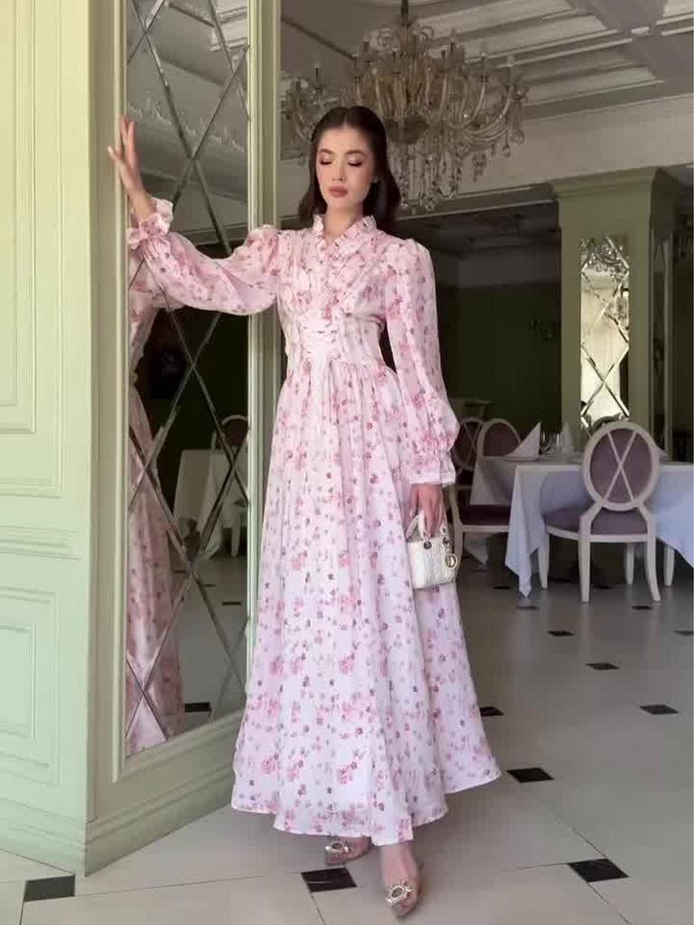 2025 Frühling Retro Elegantes Florales Langes Kleid mit Taillenbetonenden Langen Ärmeln für Damen.